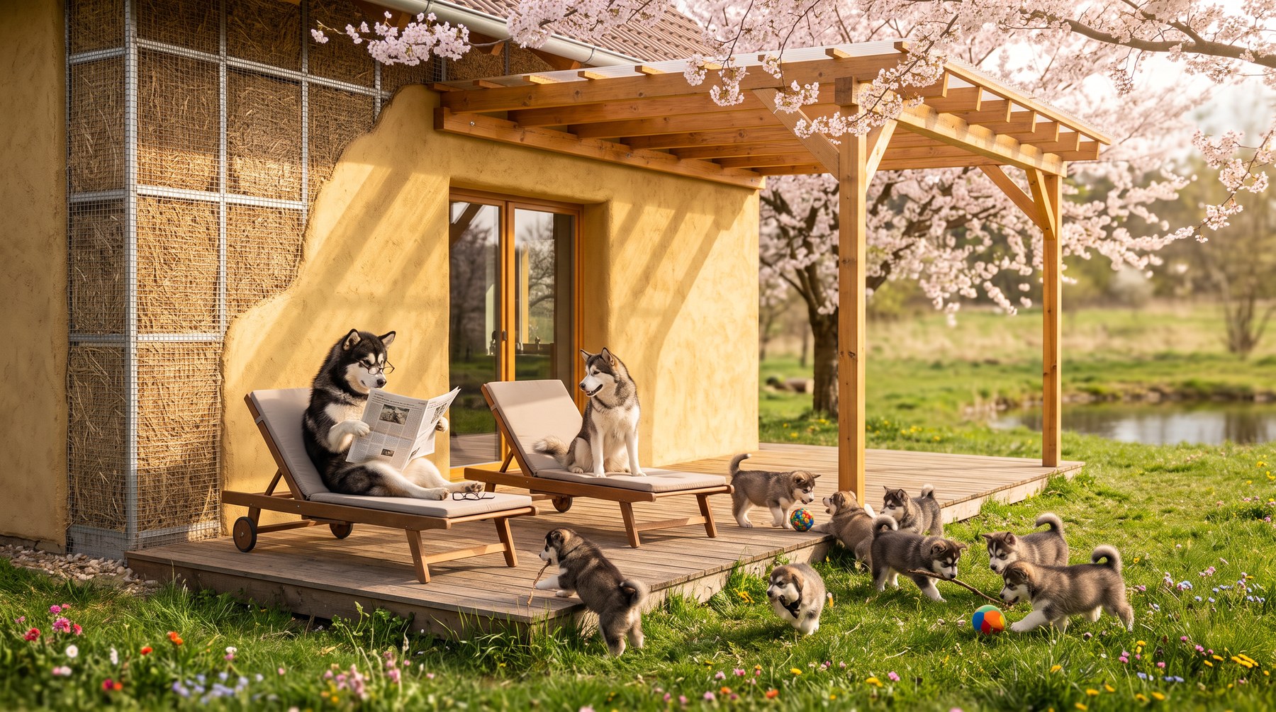 Togo reading on a lounger under the pergola of the finished straw house, Alpha beside him and puppies playing on the grass