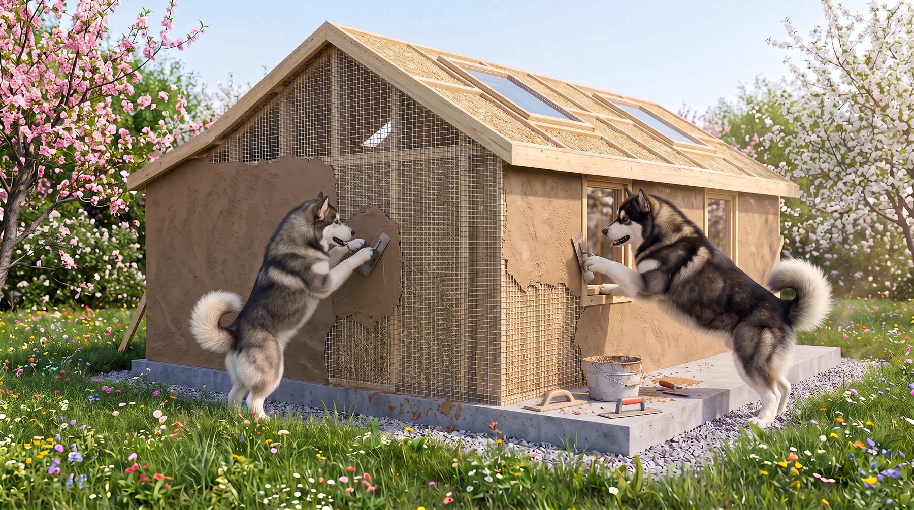 The two Malamutes applying lime render over the straw walls of the finished house