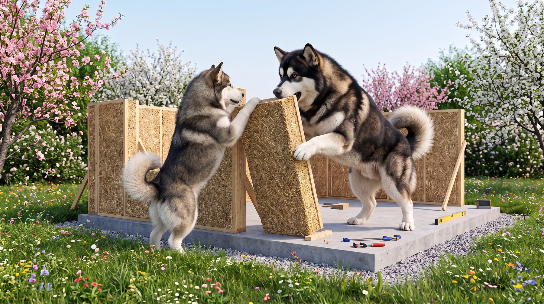 The two Malamutes raising straw wall panels on a concrete slab in a spring orchard