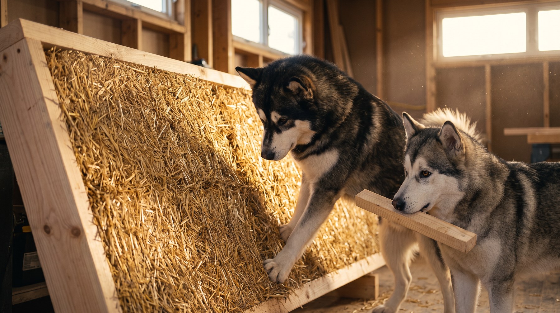 Two Alaskan Malamutes in a timber workshop easing a compressed straw panel upright